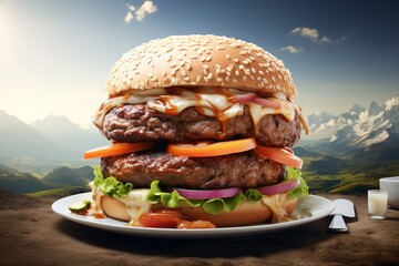 a large burger on a plate - obrazy, fototapety, plakaty