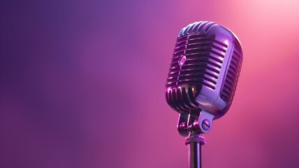Fototapeta na wymiar Vintage microphone awaiting performance against a radiant violet gradient backdrop