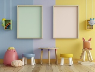Blank mockup frames on painted colorful wall of kindergarten or children's playroom - obrazy, fototapety, plakaty
