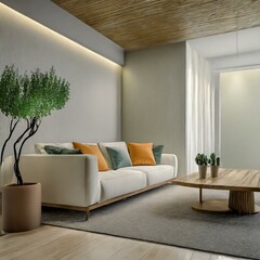 Minimalistyczne wnętrze salonu z białą kanapą, roślinami i stolikiem - obrazy, fototapety, plakaty