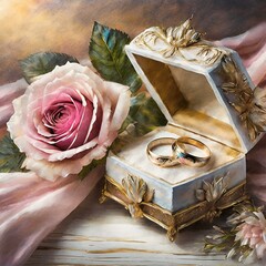  Różowe róże i obrączki w pudełku. Ślubne, romantyczne tło - obrazy, fototapety, plakaty