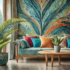 Kolorowe wnętrze salonu z kanapą, kolorowymi poduszkami, stolikiem i kolorową tapetą na ścianie - obrazy, fototapety, plakaty