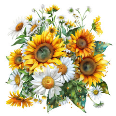 watercolor of A vivid bouquet of sunflowers and daisies in full bloom, plants