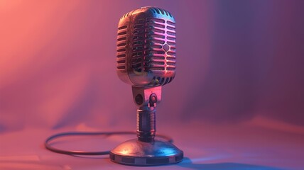 Vintage microphone awaiting performance against a radiant violet gradient backdrop
