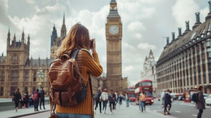 travel, tourism and people concept - happy young woman with backpack and camera photographing over london city street and big ben tower background