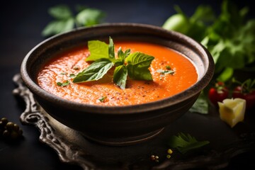 Tasty gazpacho in a clay dish against an aged metal background