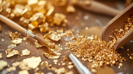 Traditional Gold Leaf Craftsmanship on a Wooden Table Illuminated by Warm Light