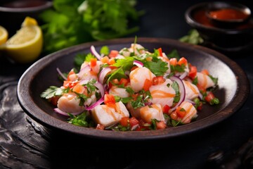 Tasty ceviche on a rustic plate against an aged metal background