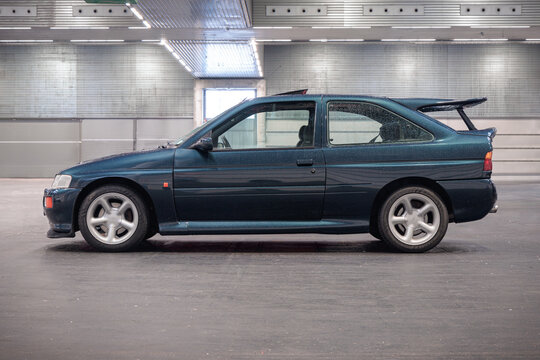 Bilbao, Spain-November 11, 2023:  Ford Escort RS Cosworth (side view) in indoor parking