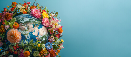 Globe adorned with flowers against blue background for Earth Day, environmental protection