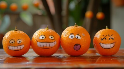 Four Oranges With Drawn Faces Showing Different Emotions on a Wooden Table