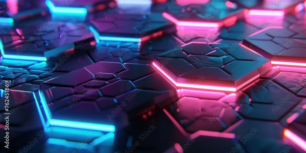Poster 3d render, abstract background with colorful glowing hexagons on black backdrop glowing neon lights 