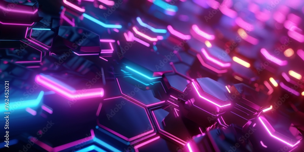 Poster 3d render, abstract colorful background with glowing hexagons in dark room generative ai