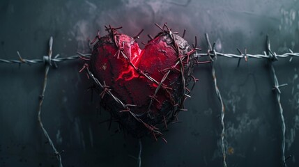 Red Heart Entwined in Barbed Wire Against a Dark Background, Symbolizing Pain and Heartache - obrazy, fototapety, plakaty