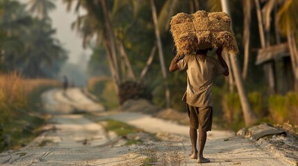 An unidentified farmer carries rice from the farm home on Dec 01, 2012 in Baidyapur, West Bengal, India. This is the main shipping method farmers - obrazy, fototapety, plakaty