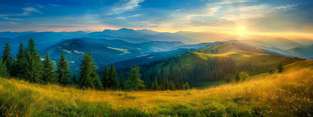 A beautiful mountain landscape with a bright sun shining on the grassy hill