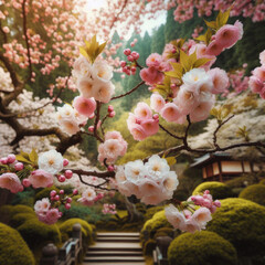 Japanese cherry blossom blooms in oriental garden environment
