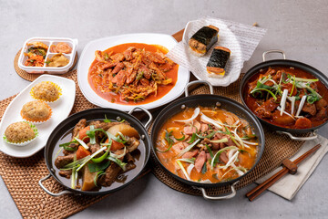 Korean food, pork back ribs, steamed pork back ribs, spicy, stir-fried budae, budae jjigae, beef, fried beef, spam, musubi, pork cutlet,
