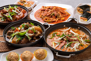 Korean food, pork back ribs, steamed pork back ribs, spicy, stir-fried budae, budae jjigae, beef, fried beef, spam, musubi, pork cutlet,