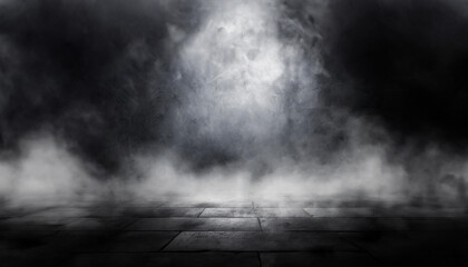 Black room or stage background for product placement, mist or smog moves on black background. - obrazy, fototapety, plakaty