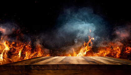 wooden table with Fire burning at the edge of the table, with fire flames on a dark background to display products
