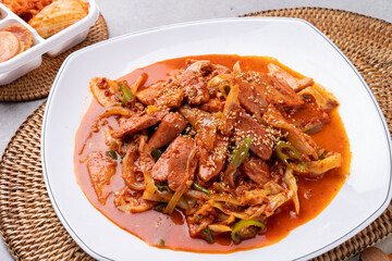 Korean food, pork back ribs, steamed pork back ribs, spicy, stir-fried budae, budae jjigae, beef, fried beef, spam, musubi, pork cutlet,