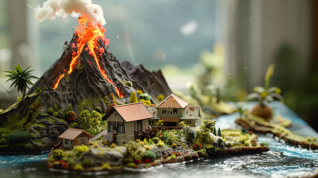 Natural disaster illustration of an erupting volcano towering over peaceful rural houses and a calm river, isolated on a bright background, natural disaster illustration