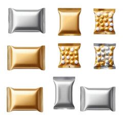 3d set of golden and silver candy packs on Isolated transparent background png. generated with AI