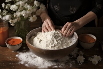 Hands mixing ingredients in a mixing bowl.