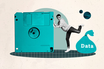 Creative photo collage young man robber floppy disk drive information cyber security data web safety digital carrier drawing background