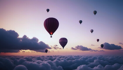 a balloon is flying at sunset, a balloon in the clouds, a lot of balloons in the sky - obrazy, fototapety, plakaty