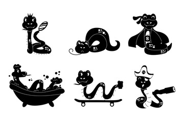 Set cute silhouette character snake hand drawn