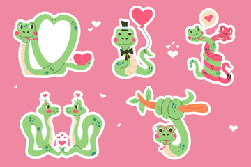 Set sticker character Valentines day snake hand drawn