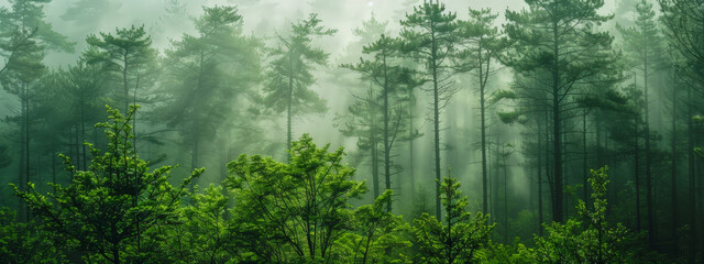 A forest with trees that are green and have a misty atmosphere