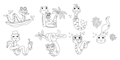 Set color book character summer snake hand drawn