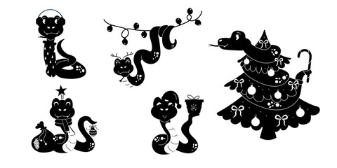 Set silhouette character christmas snake hand drawn