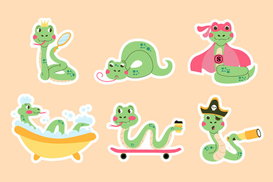 Set cute sticker character snake hand drawn