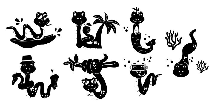 Set silhouette character summer snake hand drawn
