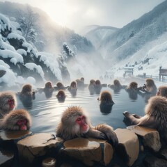 Macaques enjoying the warm waters at Jigokudani Park, Yudanaka, Nagano, Japan
 - obrazy, fototapety, plakaty
