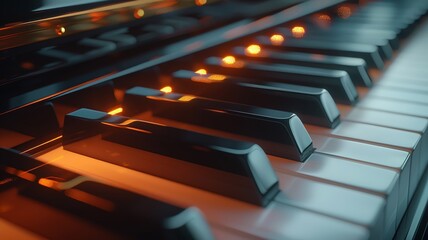 Elegant side view of piano keys under soft lighting creating a reflective ambiance