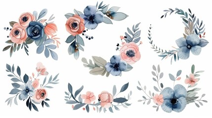 Fototapeta na wymiar Elegant floral collection with isolated blue, pink leaves and flowers, hand drawn watercolor. Use as an invitation, greeting card, or wedding invitation.