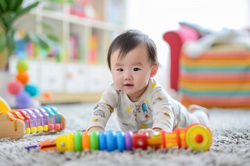 Adorable Asian infant engaged in play with bright educational toys in a cozy room