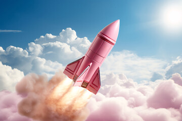 a pink rocket in the sky - obrazy, fototapety, plakaty