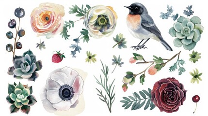 Various modern flowers in a vintage watercolor style: ranunculus, anemone, succulent, Robin bird, wild privet berry, branches and leaves.