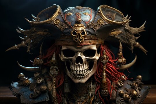 Gruesome Skull pirate 3d. Human scary bone. Generate Ai