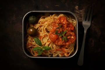 Hearty spaghetti in a bento box against a sandstone background