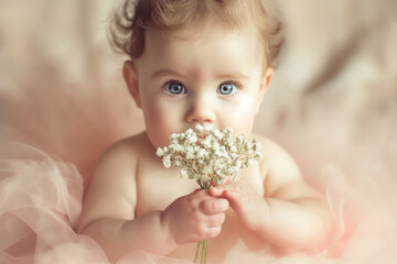 Cute baby with sparkling blue eyes gazes while holding a small bouquet of white flowers