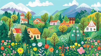 Nature and landscape illustrations. Trees, forests, mountains, flowers, plants, houses, fields, farms and villages. Image for backgrounds, cards, or covers.