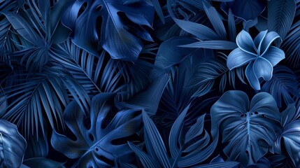 Hawaiian plants and flowers on an exotic tropical modern background. Seamless indigo tropical pattern with monstera and sabal palm leaves. - obrazy, fototapety, plakaty
