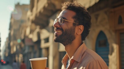Man With Beard and Glasses Holding a Cup of Coffee - obrazy, fototapety, plakaty